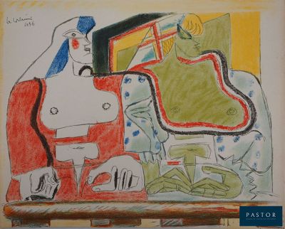 dessin représentant une femme assise devant un tableau posé sur un chevalet