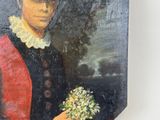 painting of a man in a red coat holding a bouquet of flowers