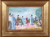 an oil painting of a group of people standing in a park
