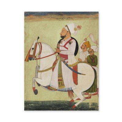 un vieux tableau représentant un homme à cheval, sur un cheval blanc, avec un autre homme à l'arrière