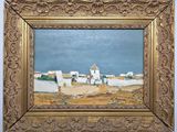 une image représentant un tableau représentant un village, dans un cadre doré