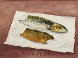 painting of two sardines on a piece of paper on a table