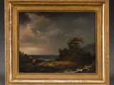 un tableau représentant un paysage avec du bétail paissant au premier plan