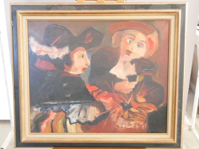 un tableau représentant une femme et un enfant, posé sur un chevalet