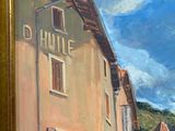 painting of a street scene with a horse and carriage in front of a building