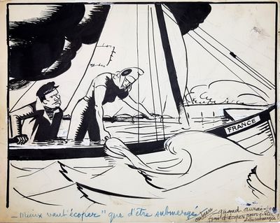 drawing of a man and a woman in a boat in the water