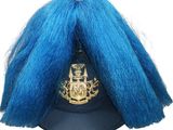 un chapeau surmonté d'une perruque bleue