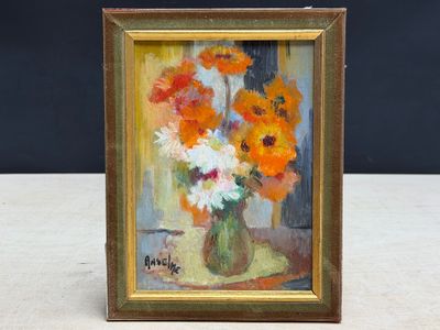 a painting of flowers in a vase on a table