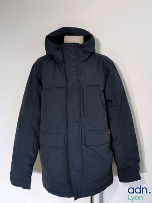 the jacket is black and has a hood on it