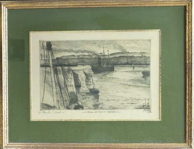 painting of a boat in a harbor with a green background