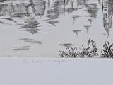 a black and white drawing of a bird in the water