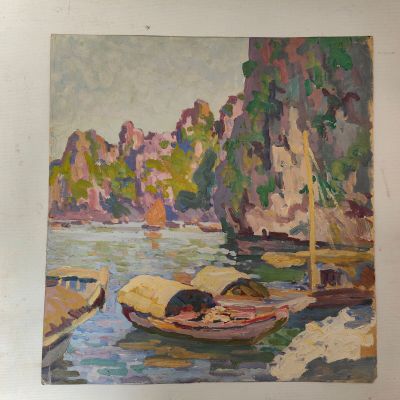 an oil painting of a boat docked at a dock in a harbor