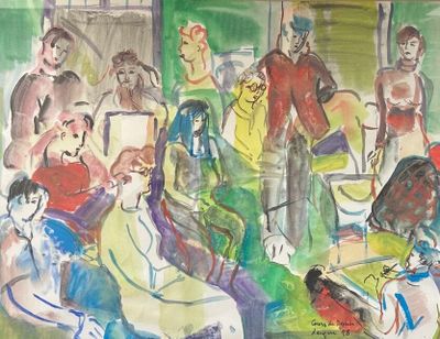 a painting of a group of people sitting in a room