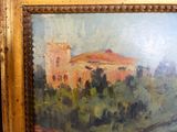 an oil painting of a building on a hill with trees in the foreground