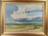 une peinture à l'huile représentant un ciel nuageux au-dessus d'un champ, avec une rivière au premier plan