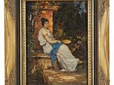 une image d'un tableau représentant une femme assise sur un banc