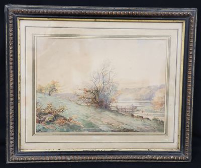 a painting of a landscape with a river and trees in the background