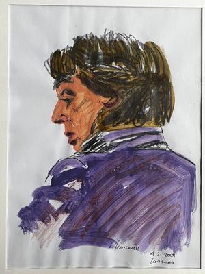 tableau représentant une femme vêtue d'une veste violette, les yeux fermés