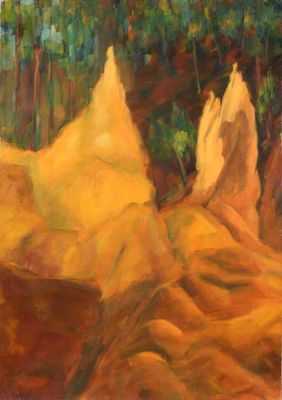 une peinture à l'huile représentant une formation rocheuse jaune au milieu d'une forêt