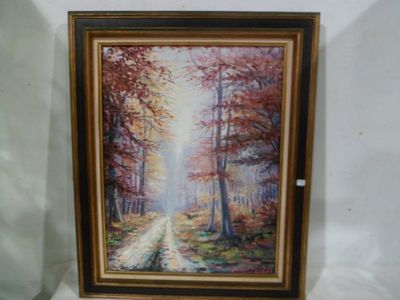 painting of a path in a forest with trees in the background