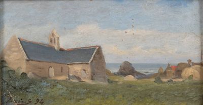 une vieille peinture représentant une église située sur une colline surplombant l'océan
