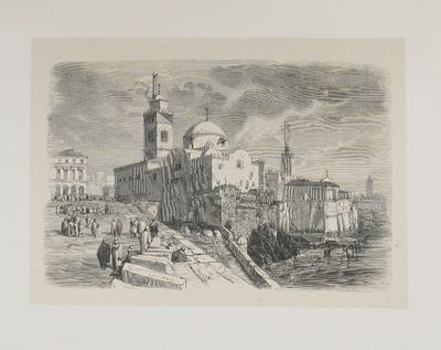 dessin représentant une vue de ville avec des passants marchant sur le trottoir