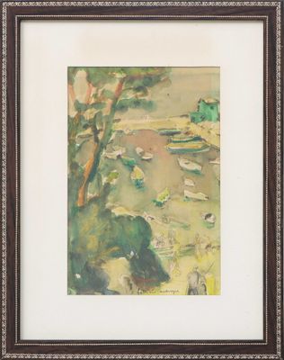 an oil painting of a landscape with trees and water