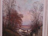 painting of a landscape with a river and houses in the distance