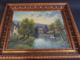 an oil painting of a river scene with a house and a man on a boat