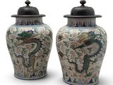 paire de vases asiatiques ornés de motifs de dragons sur fond blanc