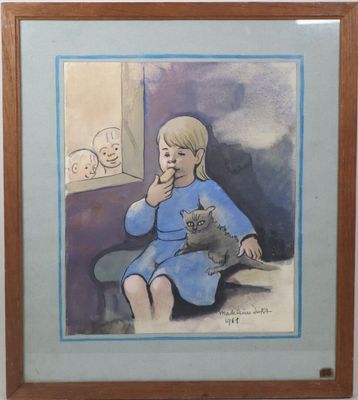 painting of a little girl with a cat in her lap