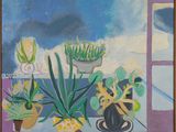 une peinture représentant une plante en pot devant une fenêtre