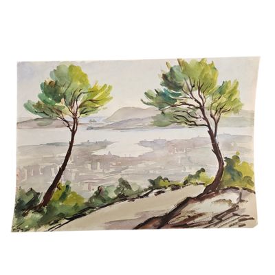 aquarelle représentant deux arbres sur une colline surplombant une ville
