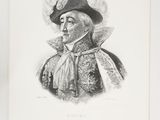 a black and white drawing of a man wearing a hat