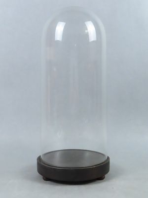 un gros plan d'un dôme en verre posé sur un socle en bois