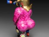 a statue of a man with a pink shirt on a black base
