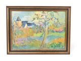 une peinture représentant une peinture d'une maison et d'arbres dans un champ