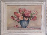 painting of a blue vase with pink flowers in it on a table