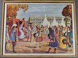 painting of a group of people standing in front of a building