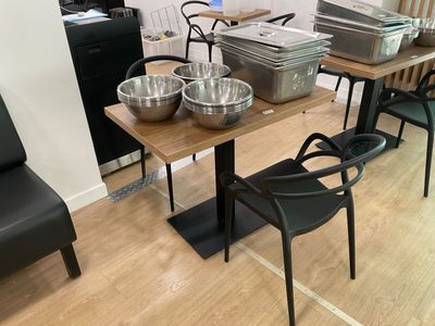 many bowls and pans on the table in the kitchen