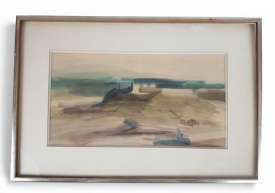 aquarelle encadrée représentant un avion sur une plage, avec un bateau en arrière-plan
