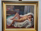 une peinture représentant une femme nue allongée sur un lit