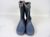 a pair of blue rain boots on a white surface