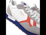 grey and red sneakers with blue accents are on a white surface