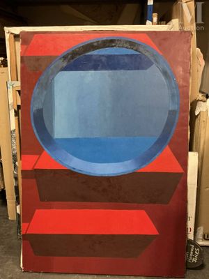 une photo d'un tableau représentant un cercle bleu sur un socle rouge