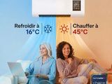 two women sitting on a couch in front of an air conditioner