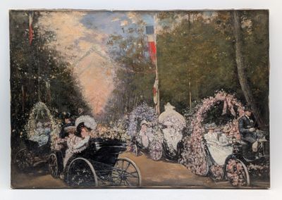 a painting on the wall of a park with a horse drawn carriage