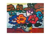 une peinture de fleurs dans un vase sur une table