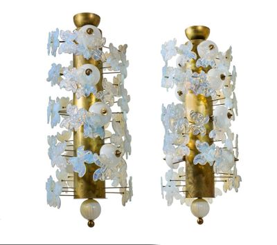 pair of brass and frosted glass sconces on a white background