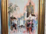 painting of a city street scene with people walking in the rain